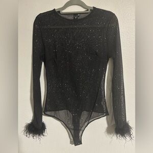 Black Sheer Glitter Bodysuit with Feather Cuffs